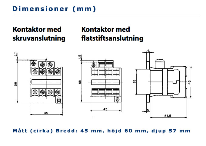 dimensioner och storlekar i bredd höjd och djup för olika modeller av kontaktor från Relek