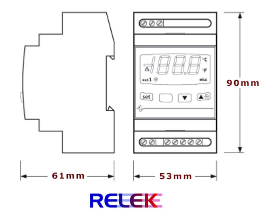 Skiss med mått för denna elektroniska termostat som har yttermått på cirka 90 x 53 mm